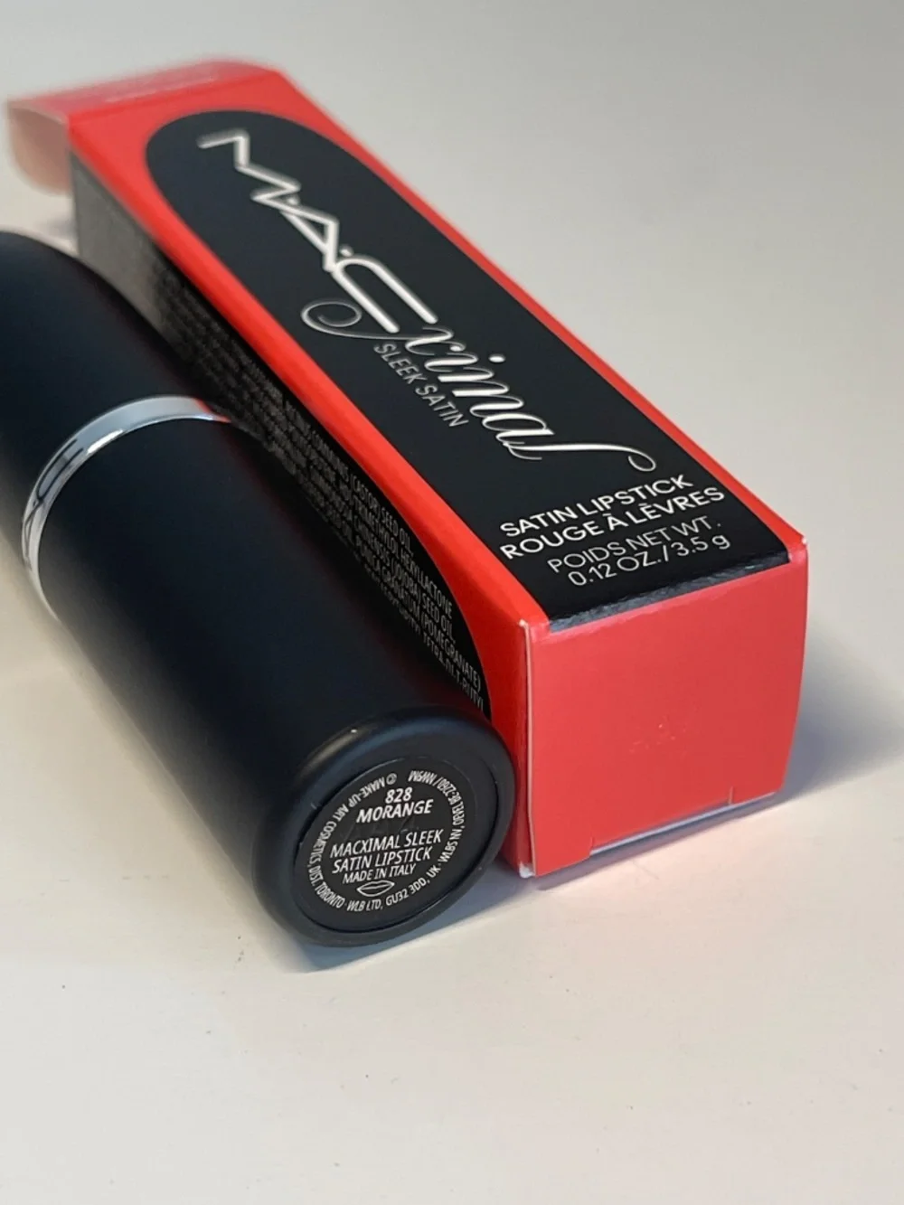 NEW in box Mac Macximal Sleek Satin Satin Lipstick #828 Morange NIB - Picture 3 of 4